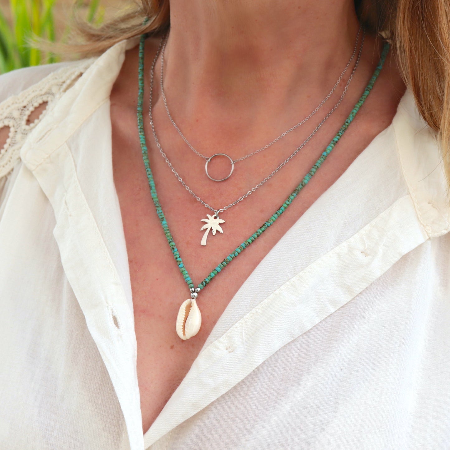 Collier acier inoxydable chaine et pendentif palmier,collier femme réglable style boho surf