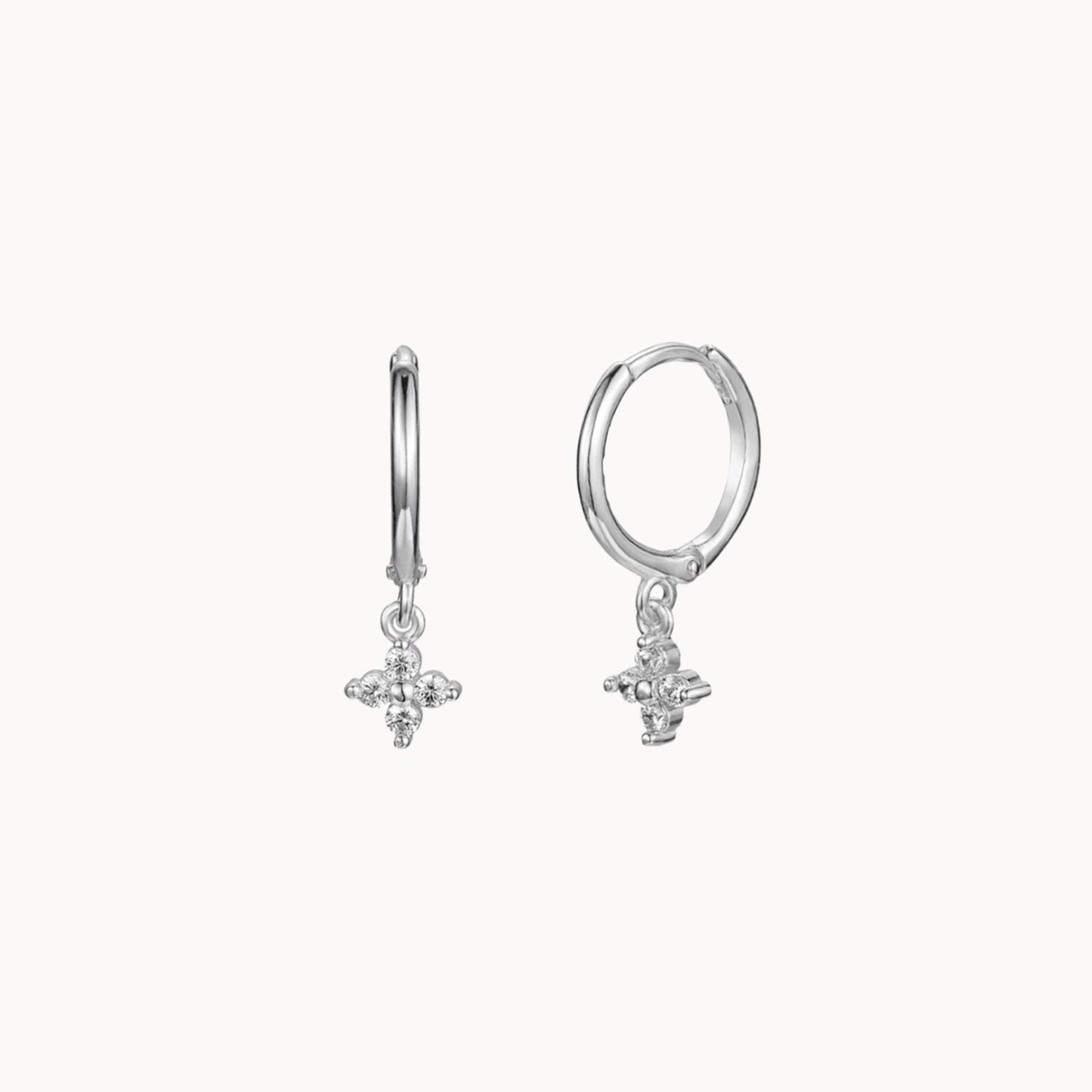 Petites boucles d'oreilles cerceaux pendentif fleur zircons, créoles femme argent ou doré