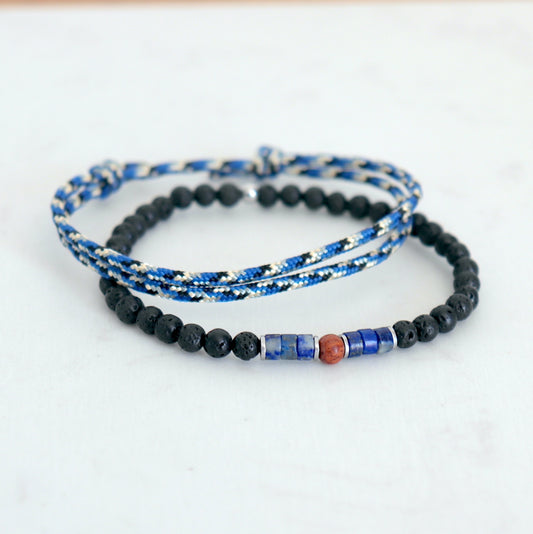 Ensemble de bracelets tendance pierres et cordon,set de deux bracelets bleus