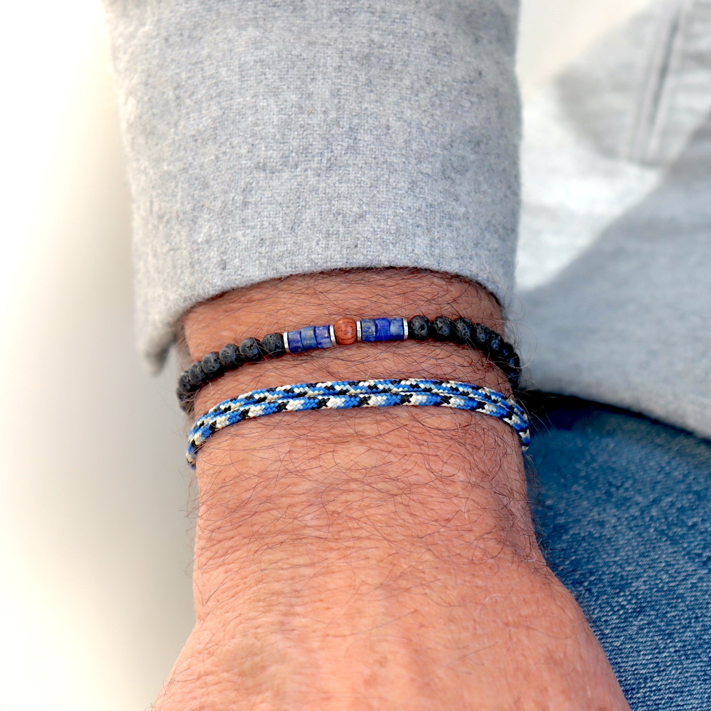 Ensemble de bracelets tendance pierres et cordon,set de deux bracelets bleus