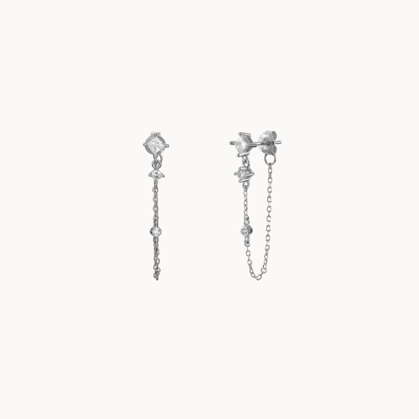 Petites puces d'oreilles chaine trois zircons, clous d'oreilles femme argent ou doré