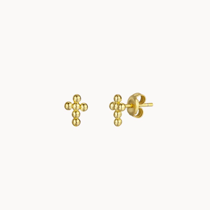 Petites boucles oreilles puces croix boules, mini clous d'oreilles femme doré ou argent