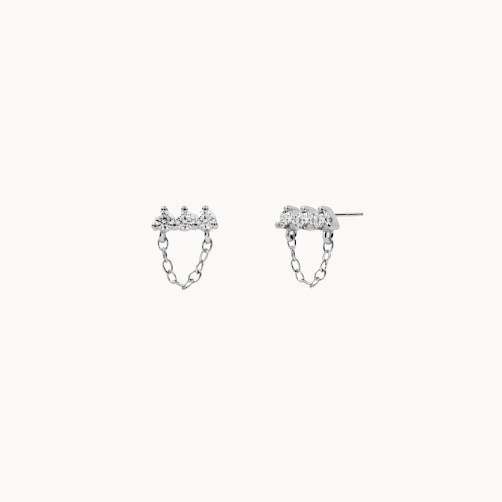 Clous d'oreilles chaine trois zircons, petites puces d'oreilles femme doré ou argent