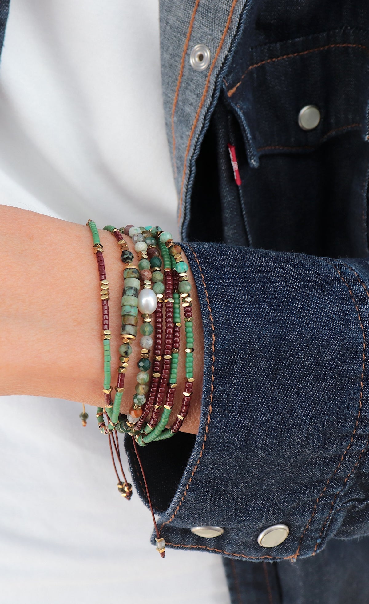 Bracelet femme perle turquoise africaine et rocaille marron deux tours