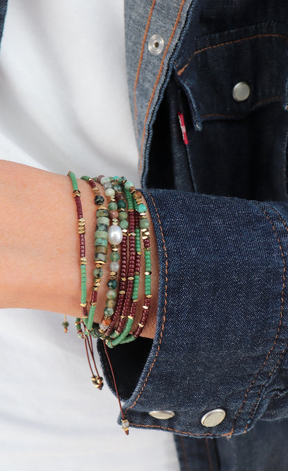 Bracelet femme perle turquoise africaine et rocaille marron deux tours